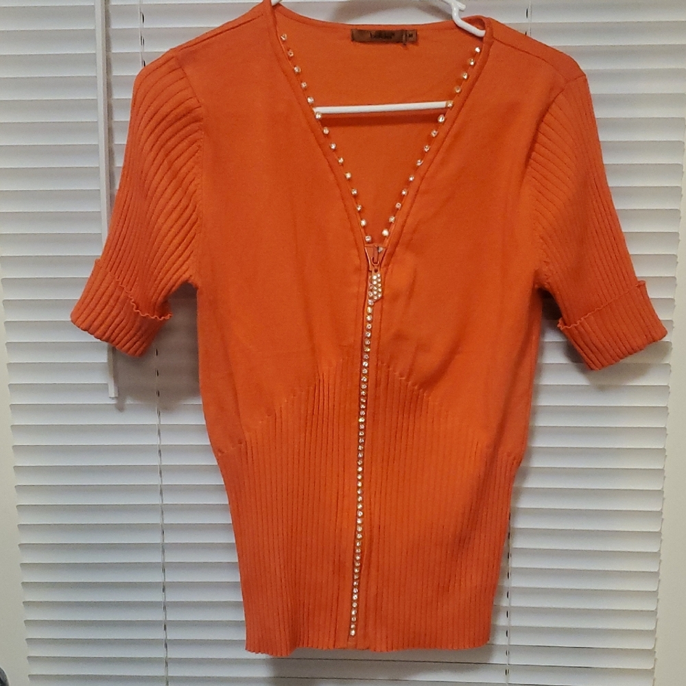 Orange Ribbed Fitted Buttoned Blouse